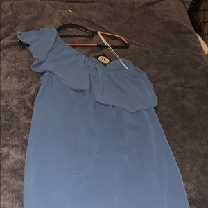 One shoulder blue green dress